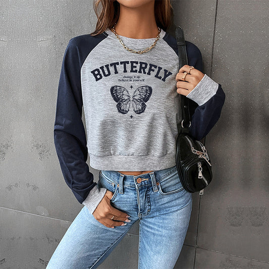 LOVEVOP Hot new spring and autumn college style shoulder sleeves BM 2025 foreign trade color matching short women's round neck pullover sweater