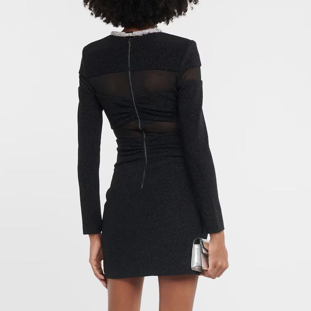 LOVEVOP popular autumn and winter new bow mesh diamond strip bandage dress New black long-sleeved semi-transparent inner women's clothing