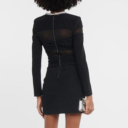 LOVEVOP popular autumn and winter new bow mesh diamond strip bandage dress New black long-sleeved semi-transparent inner women's clothing