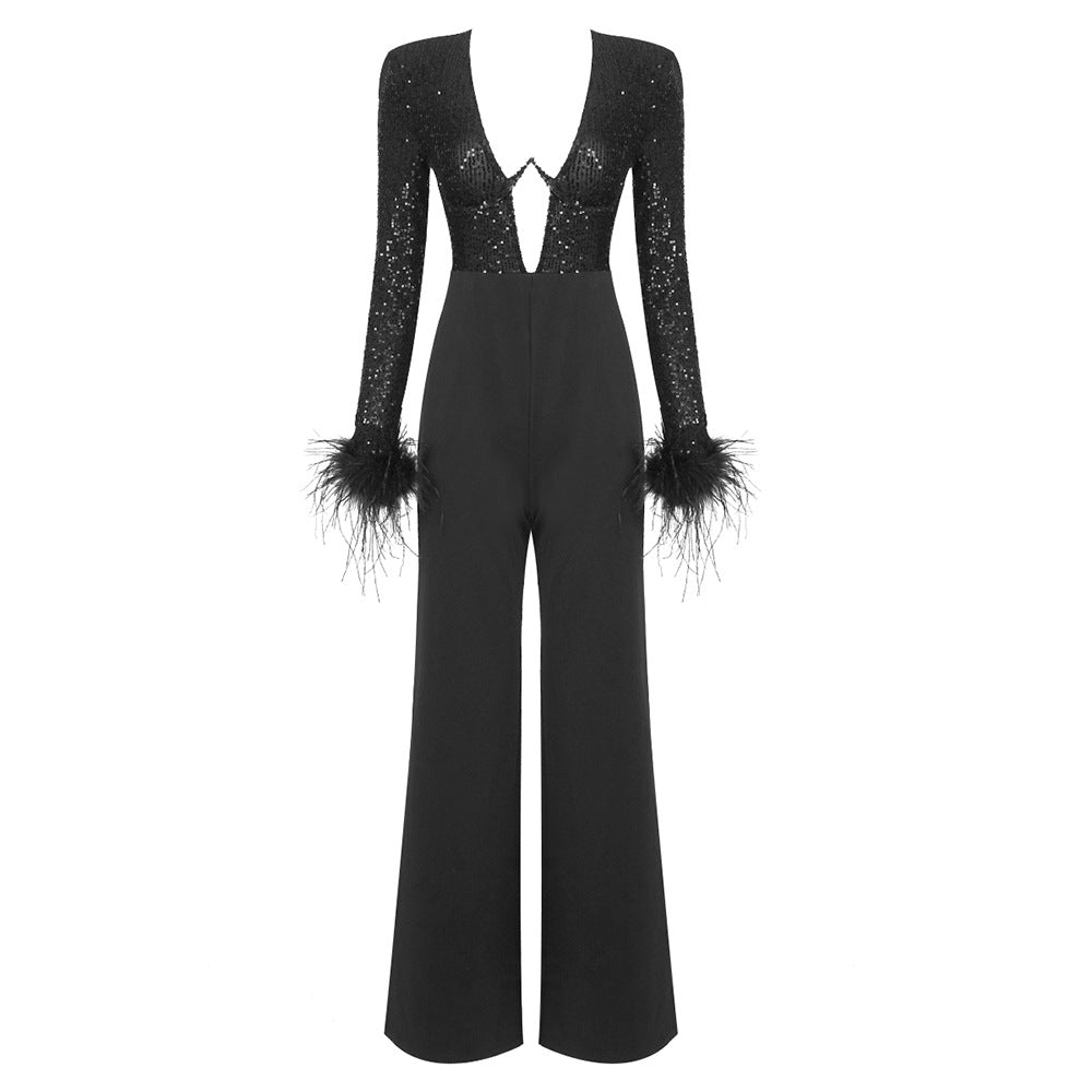 LOVEVOP  women's clothing early autumn new popular black long-sleeved beaded feather jumpsuit women's New thin jumpsuit