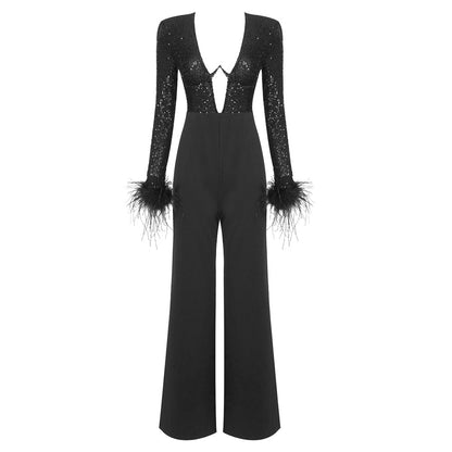 LOVEVOP  women's clothing early autumn new popular black long-sleeved beaded feather jumpsuit women's New thin jumpsuit