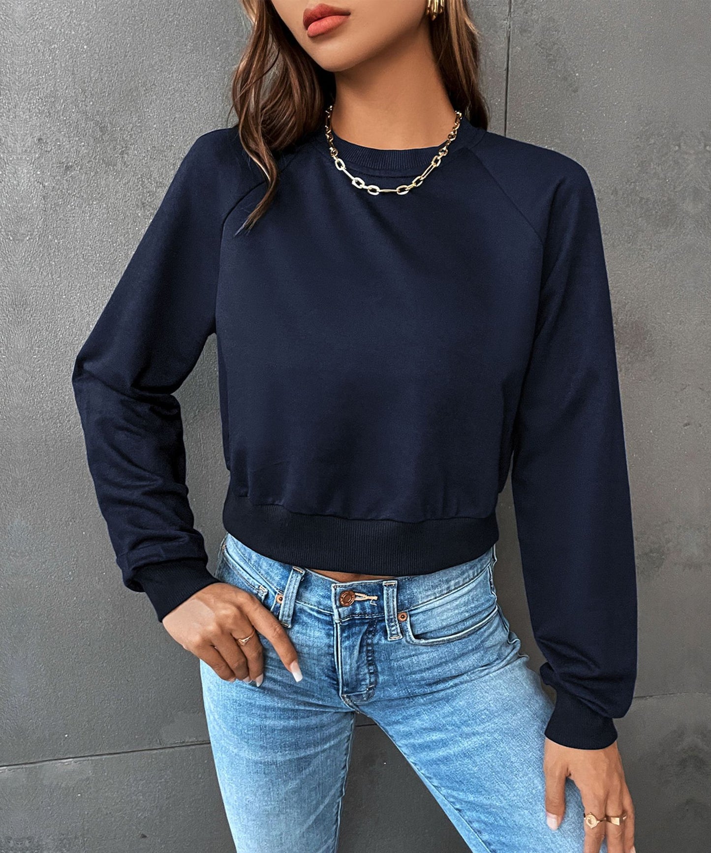 LOVEVOP popular new New Popular trade leisure sports ragged sleeves top Popular trade short navel round neck pullover sweater women