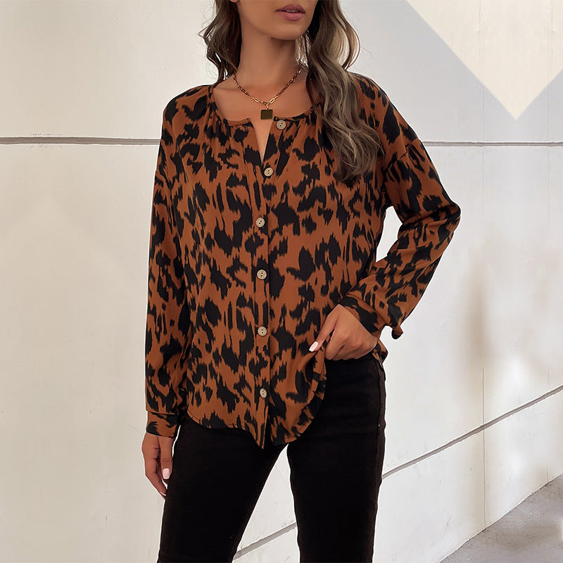 LOVEVOP Cross-border  popular Spring and Autumn New Hot Trade 2025 Commuter Top Long Sleeve Leopard Print Design Shirt Women