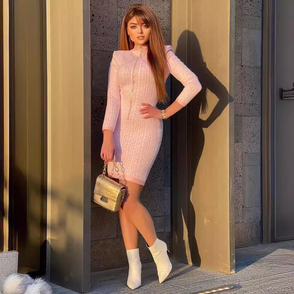 LOVEVOP  autumn and winter pink long-sleeved jacquard knitted elastic  hip wrap  dress high-end bandage women's clothing