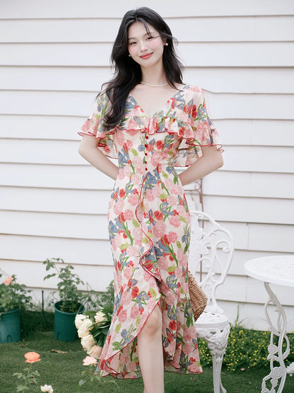 Huge good-looking beach vacation skirt  retro floral dress temperament cape long dress high-end dress