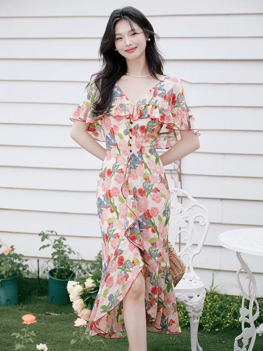 Huge good-looking beach vacation skirt  retro floral dress temperament cape long dress high-end dress