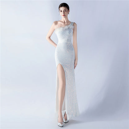 33011 #Popular trade dress heavy industry beaded hair single shoulder oblique collar high fork sequined dinner dress