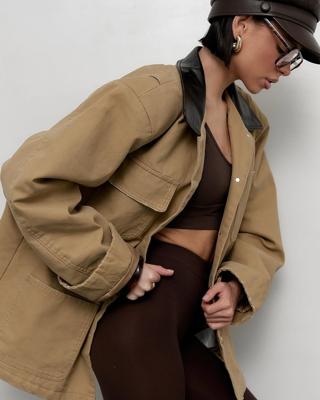 Spring new n retro tooling PU leather lapel silhouette jacket women's loose casual long-sleeved cardigan jacket women