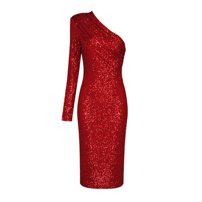 LOVEVOP 2023 Women's Clothing Autumn and Winter Hot Trade Shoulder Long Sleeve Dress Slim Fit Red Silver Sequins  Premium Inside