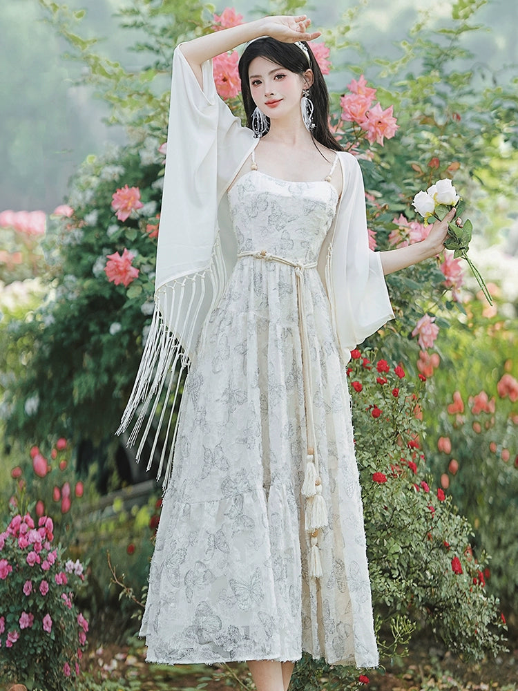 Coffee Break  Floral Dress Salt Sweet Seaside Holiday Beach Dress Suspender Skirt Outer Cardigan Set