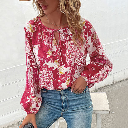 LOVEVOP Cross-border  Hot autumn casual printed shirt fashion 2025 foreign trade lace-up bubble sleeve shirt women