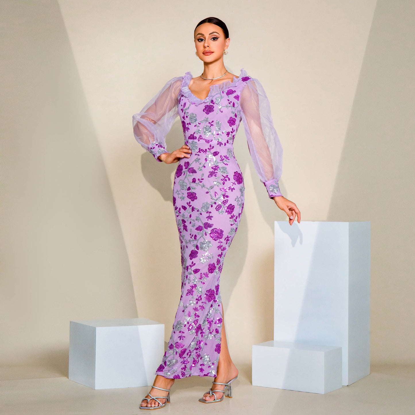 2025 long-sleeved temperament V-neck sexy hollow long sequined banquet evening dress bridesmaid dress women