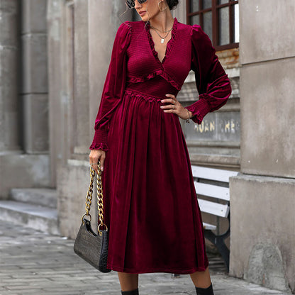 LOVEVOP 2025 foreign trade explosion burgundy velvet dress temperament elegant long dress wooden ear edge collection design skirt