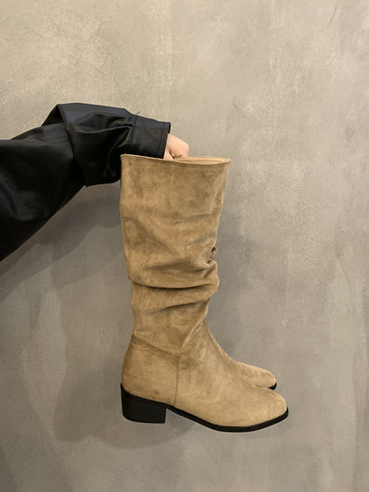 2025  Coarse Heel Suede Pile Long Knight Boots Women's Shoes popular Spring Autumn Winter Vintage Skinny Medium Long Brown Boots