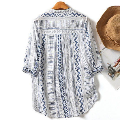 Summer new ethnic style printing seven-quarter-sleeved cotton and linen shirt V-neck slightly transparent temperament simple and ultra-thin women's shirt