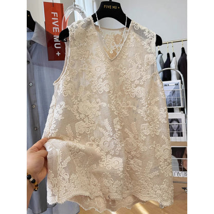 High-end Korean V-neck hollowed-out embroidered lace vest for women's summer stacking single wear sleeveless A-shaped top and shirt