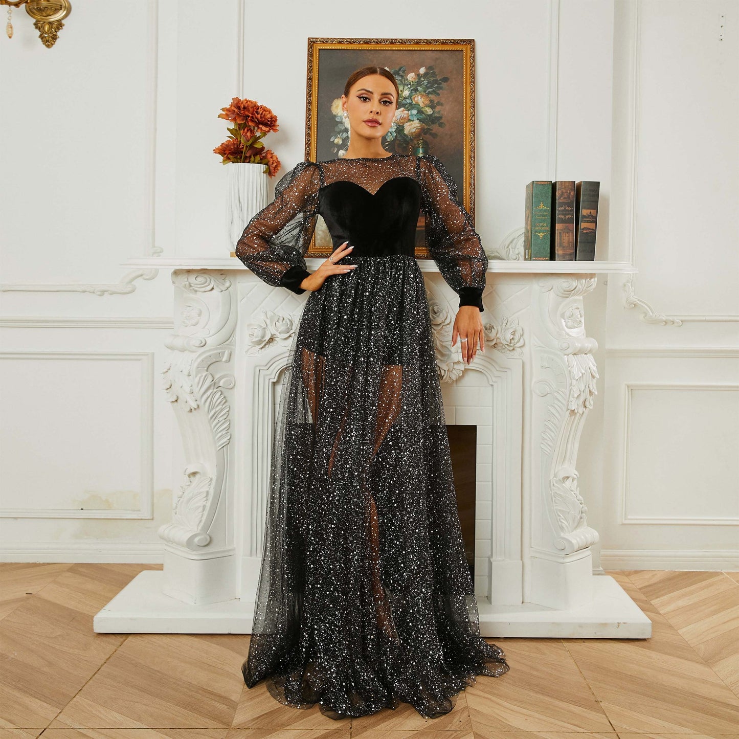 2025 new high-end long-sleeved crew neck banquet sequined mesh pendulum evening dress bridesmaid dress dress women