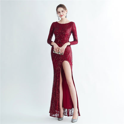 19966 #Hot trade 2025 new sequined long-sleeved split high-end evening dress