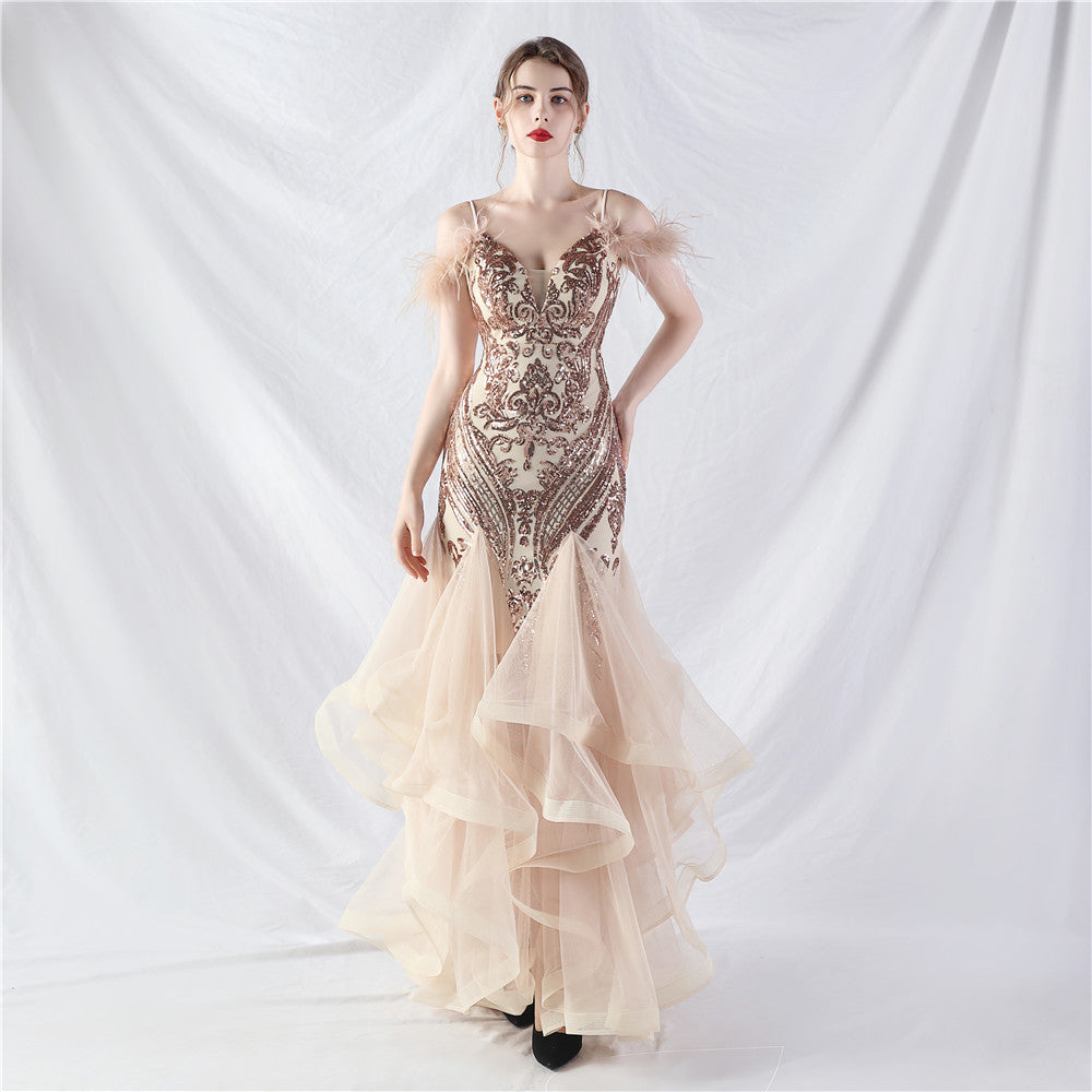 31983 #New craft order ostrich hair hard mesh positioning flower beads splicing mesh yarn dance performance dress skirt