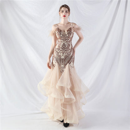 31983 #New craft order ostrich hair hard mesh positioning flower beads splicing mesh yarn dance performance dress skirt