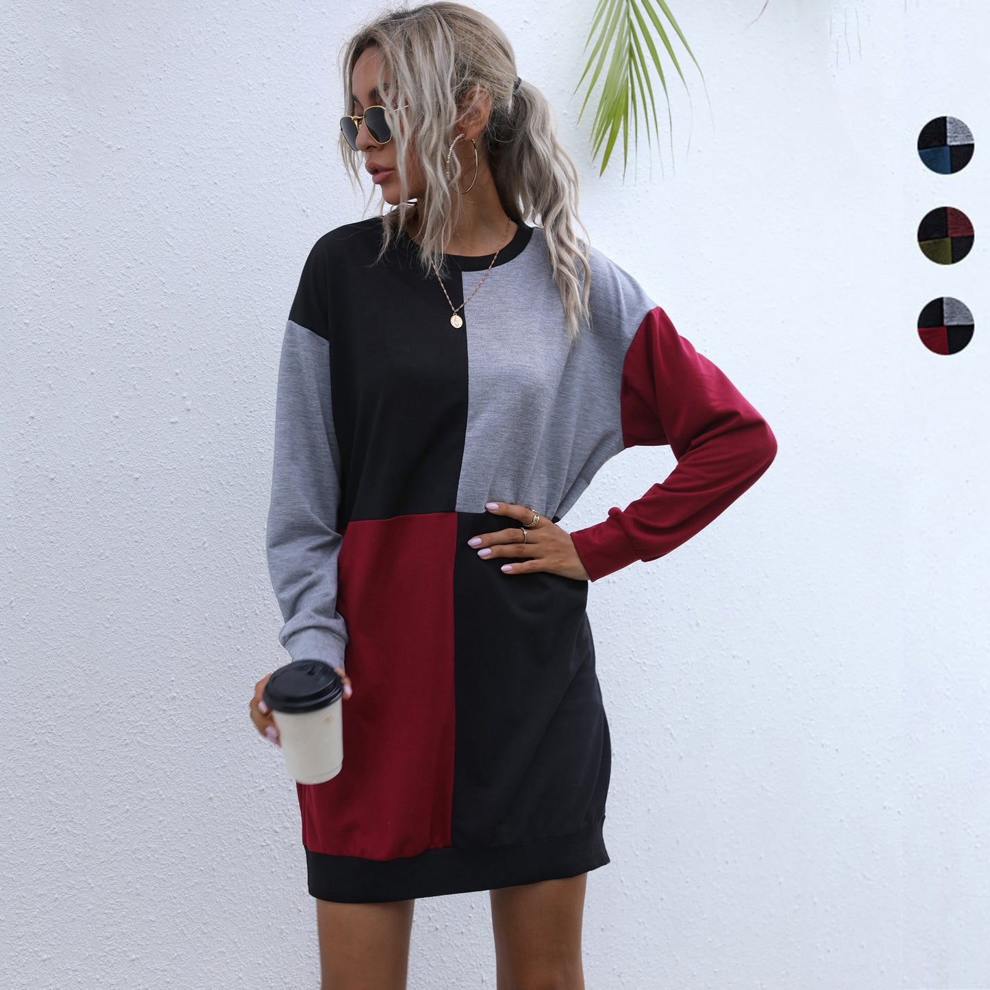 LOVEVOP popular new New hot-selling splicing long-sleeved casual skirt 2025 Popular trade round neck medium and long contrasting sweater skirt women