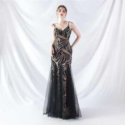 31903 #Hot trade new product laminated bead splicing mesh suspender evening dress