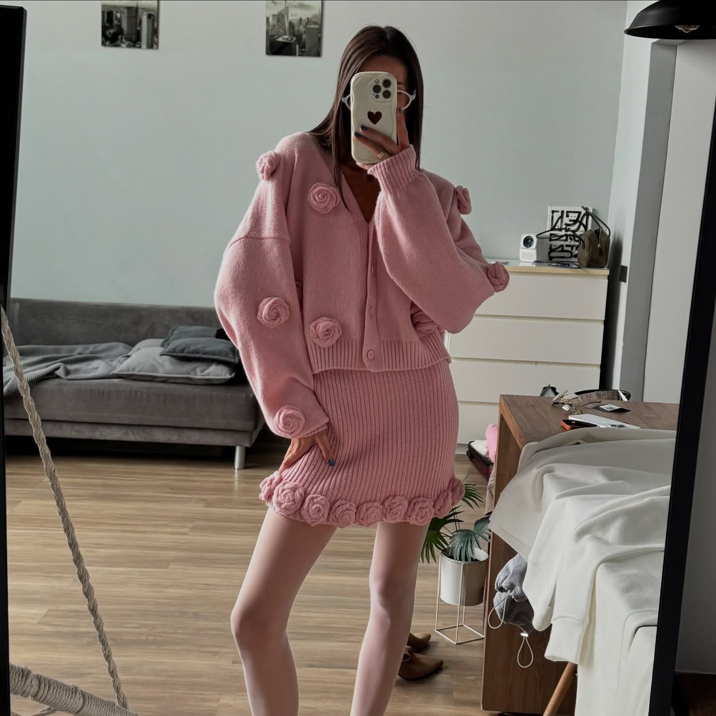 Hot trade New flower gentle temperament knitted sweater women's  niche temperament  flower skirt set