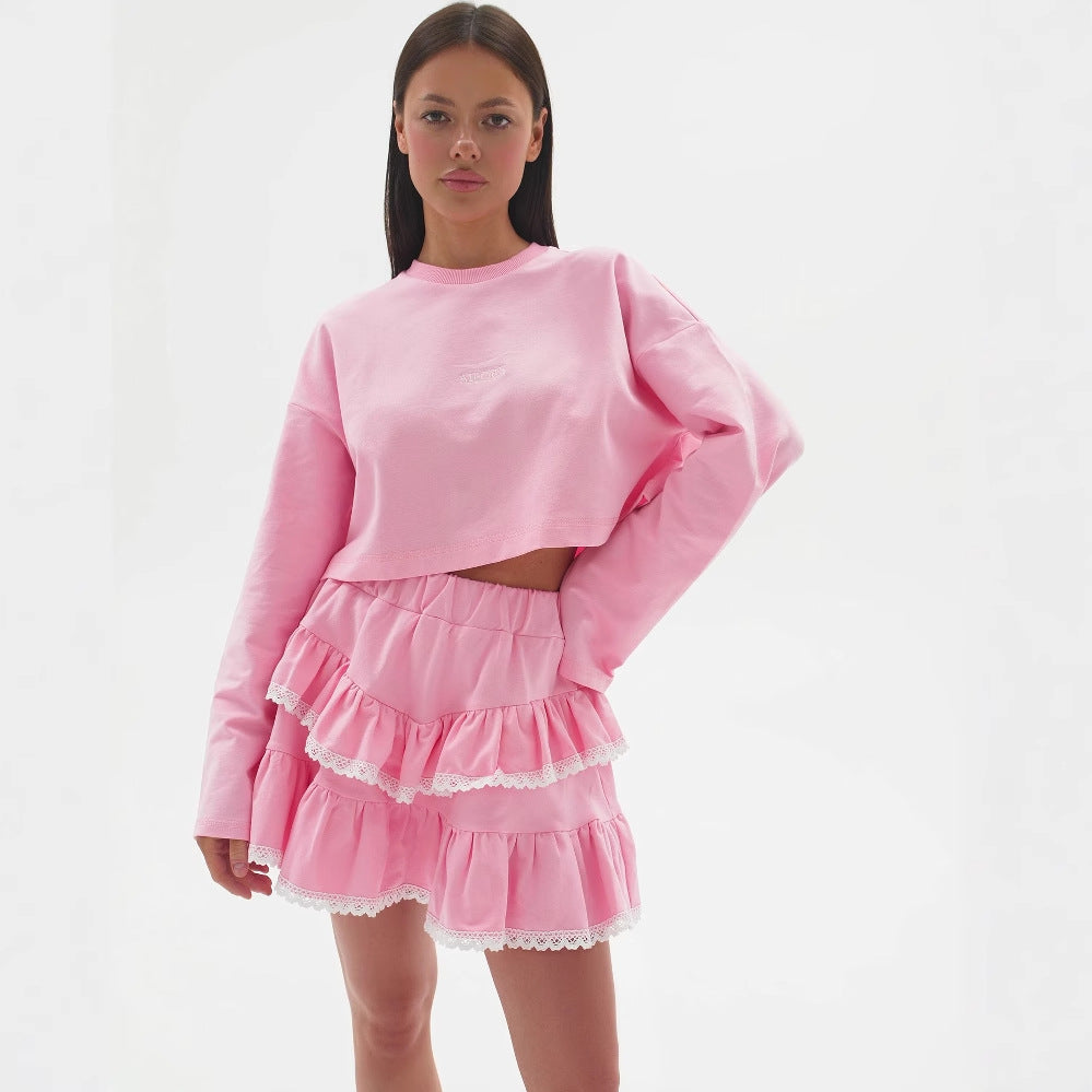 Thin knitted suit women's loose waist skirt lace lazy wind stack mini skirt spring and summer breathable two-piece set