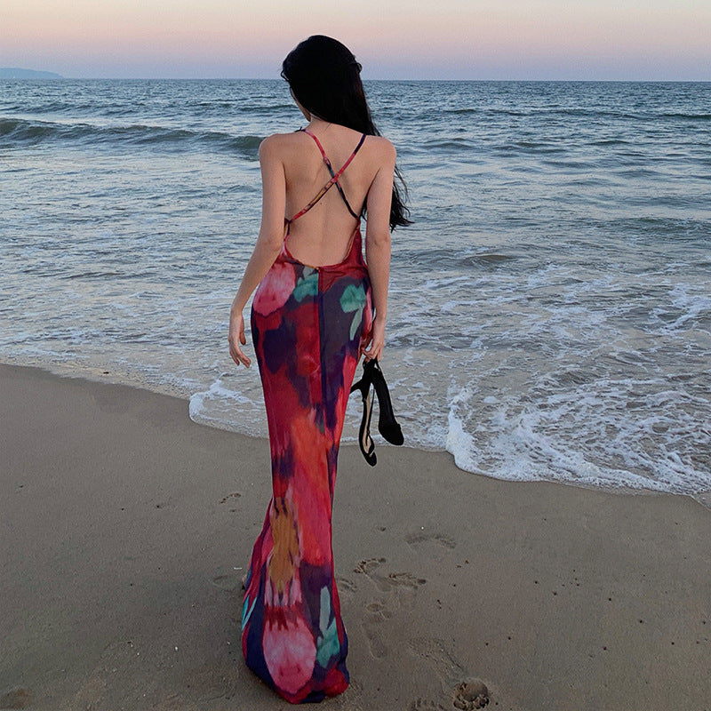 2025 New  pure desire vacation style lace splicing sexy V-neck backless dress high waist suspender dress