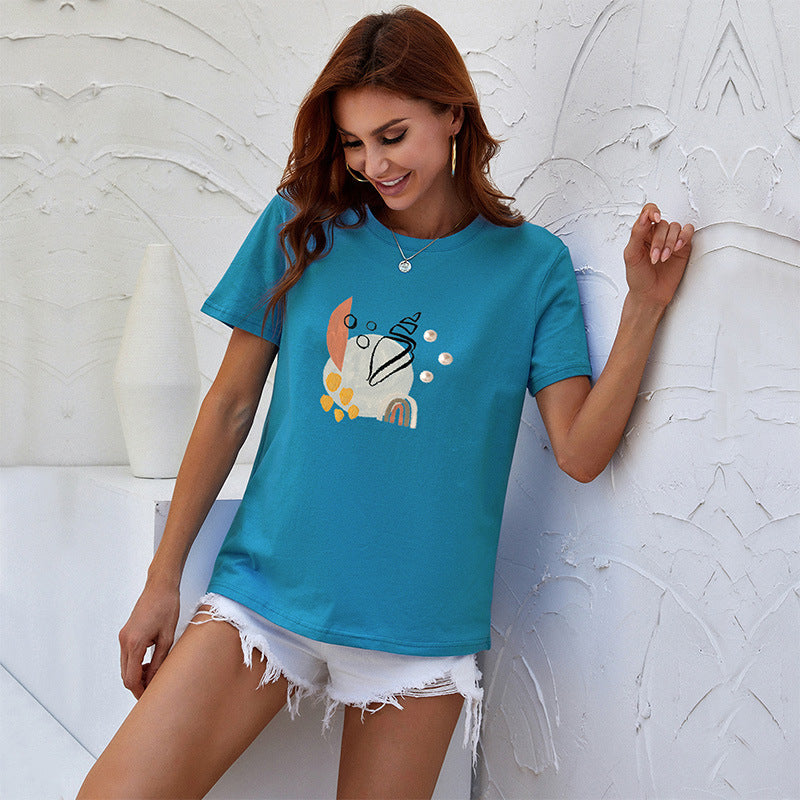 LOVEVOP Cross-border color T-shirt short-sleeved women's popular summer Popular trade women's clothing cartoon printing crew neck top bottoming shirt wholesale