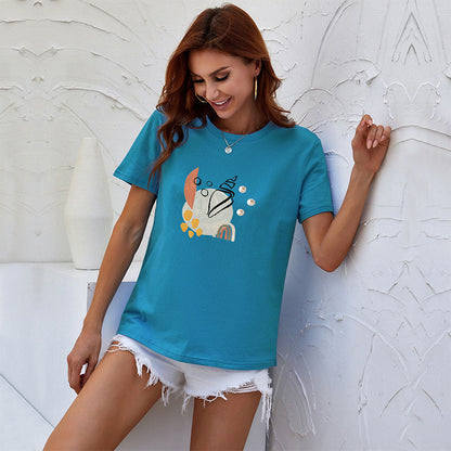 LOVEVOP Cross-border color T-shirt short-sleeved women's popular summer Popular trade women's clothing cartoon printing crew neck top bottoming shirt wholesale