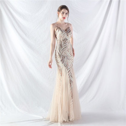 31903 #Hot trade new product laminated bead splicing mesh suspender evening dress