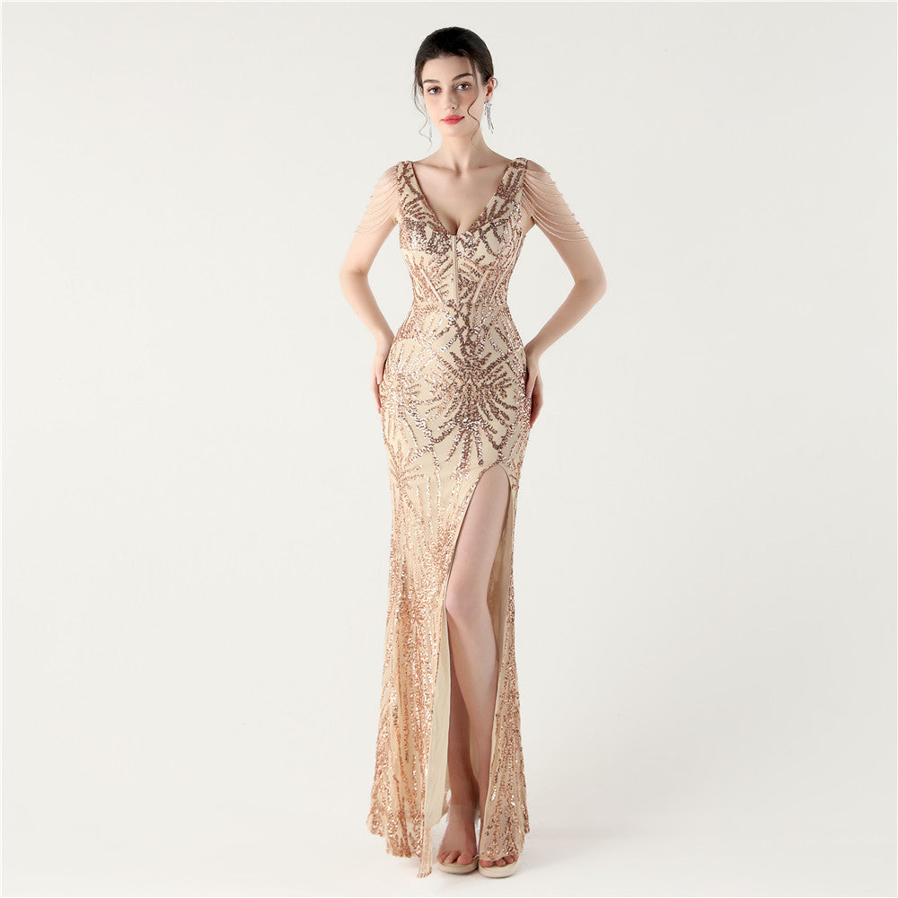 33352 #2025 New Heavy Industry Fishbone Waist Strap Deep V High Split Evening Dress, Red Carpet Dinner Host