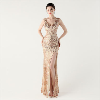 33352 #2025 New Heavy Industry Fishbone Waist Strap Deep V High Split Evening Dress, Red Carpet Dinner Host
