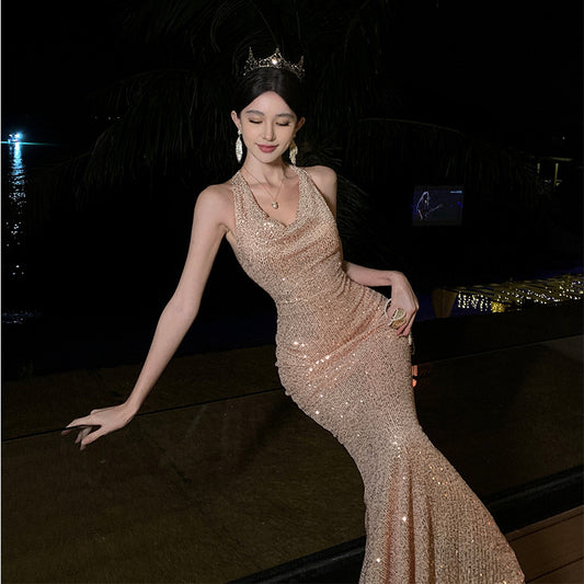 2025 Champagne Sparkling Swing Neck Veil Dress Heavy Industry Dinner Neck Dress Engagement Dress Women
