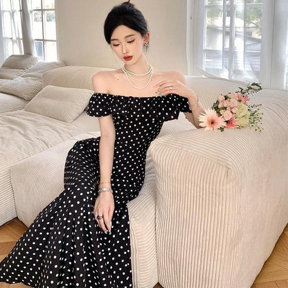 2025 Hepburn retro polka dot square neck dress one-word shoulder ruffle edge waist thin holiday dress and ankle skirt