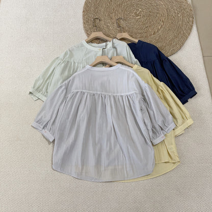 2025 Summer Japanese Literature and Art Mori Small Stand-Up Collar Middle Sleeve Color Button Doll Shirt Small Shirt