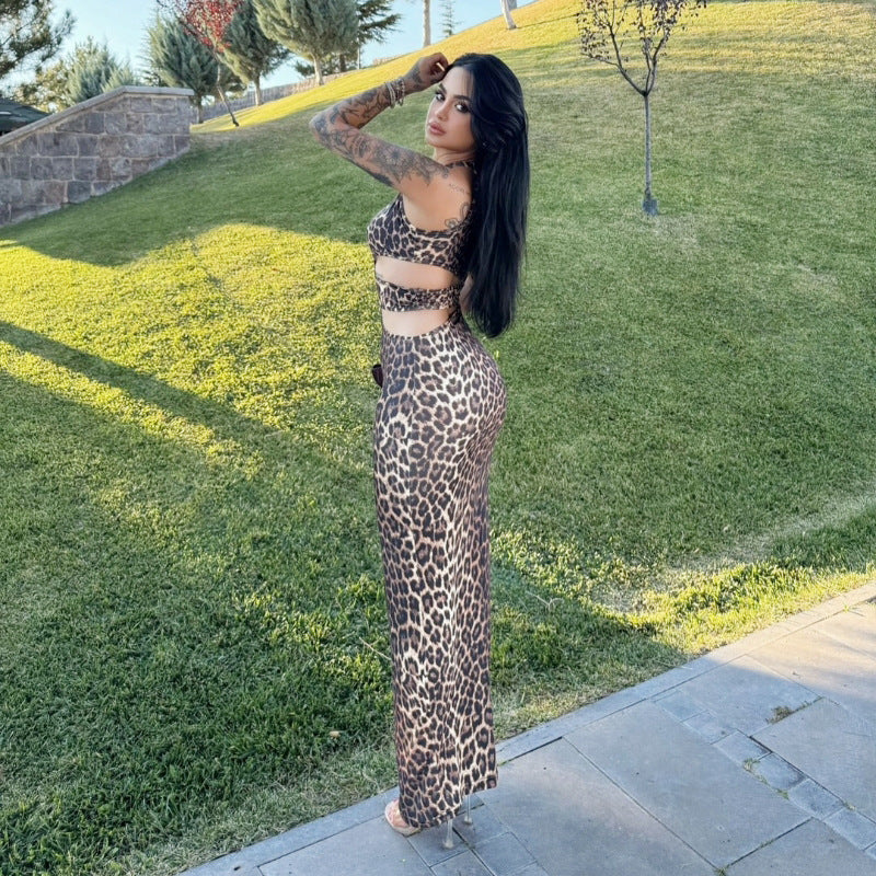 LOVEVOP Hot autumn 2025 INS style new women's clothing sexy hollow sleeveless tight leopard print dress cross-border wholesale