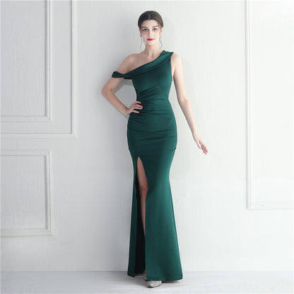 19637 #Hot trade explosion bridesmaid etiquette wedding formal settings single shoulder oblique collar slim long evening dress