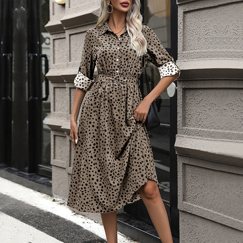 LOVEVOP 2025 cross-border new dress lapel button temperament dress polka dot long dress high waist women's dress with belt