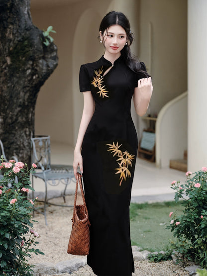 Summer women's clothing new Chinese style black national style golden bamboo embroidered retro cheongsam dress elegant temperament hip-wrapped dress