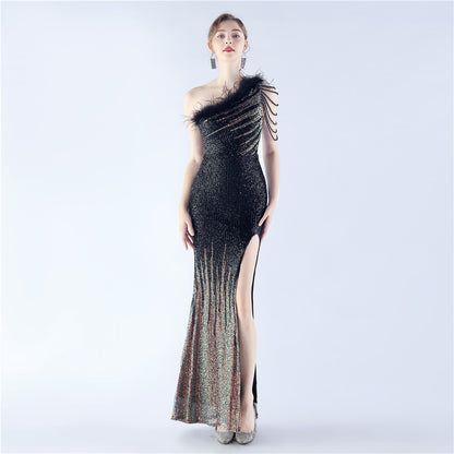 31321 #new product popular gradual change bead process beading ostrich hair oblique collar shoulder long evening dress