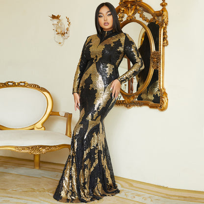 2025 high-end long-sleeved temperament round neck slim-fitting long sequined banquet evening dress bridesmaid dress women