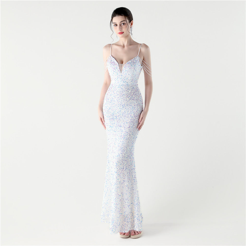 33313 #2025 New sequined beaded party wedding dinner suspender slim-fitting long evening dress