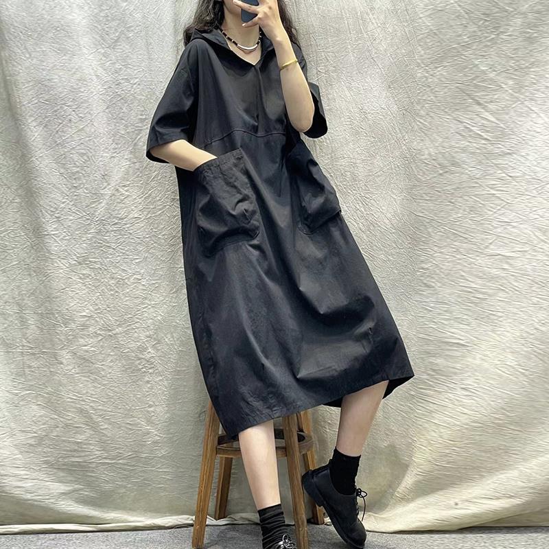 Hooded short-sleeved dress women's  summer new retro literary loose large size thin casual medium and long dress