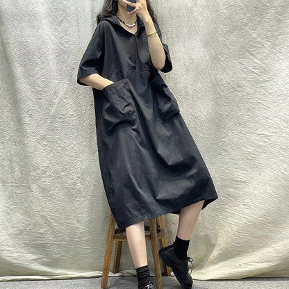 Hooded short-sleeved dress women's  summer new retro literary loose large size thin casual medium and long dress