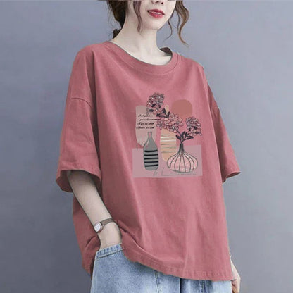 100Kg large size fat MM thin summer loose round neck T-shirt versatile short-sleeved top printed casual T-shirt women