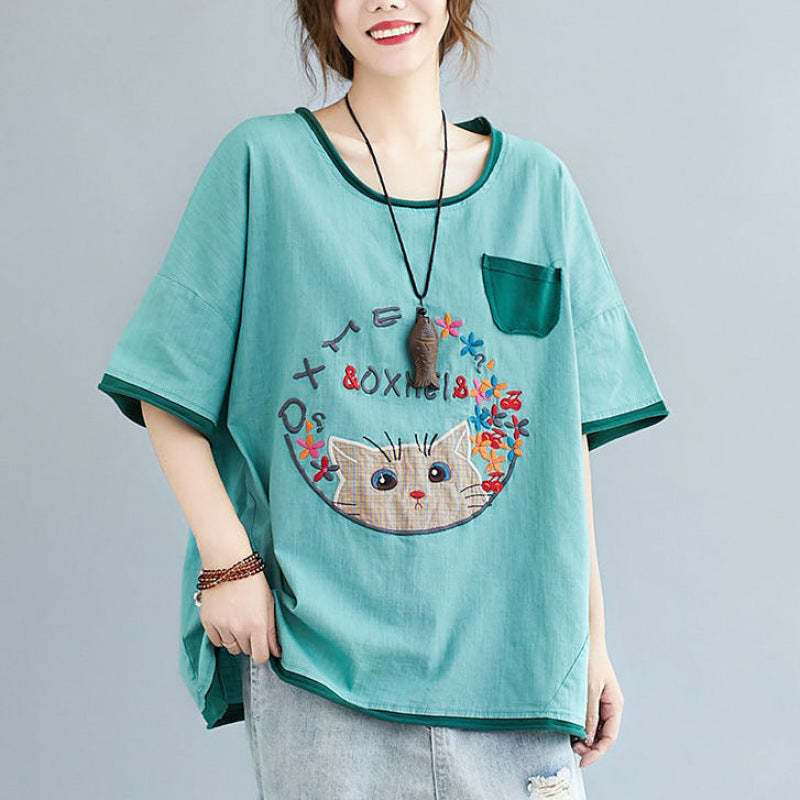 150Kg extra large size women's clothing  new literary and retro loose and thin embroidered T-shirt women's fat mm summer top