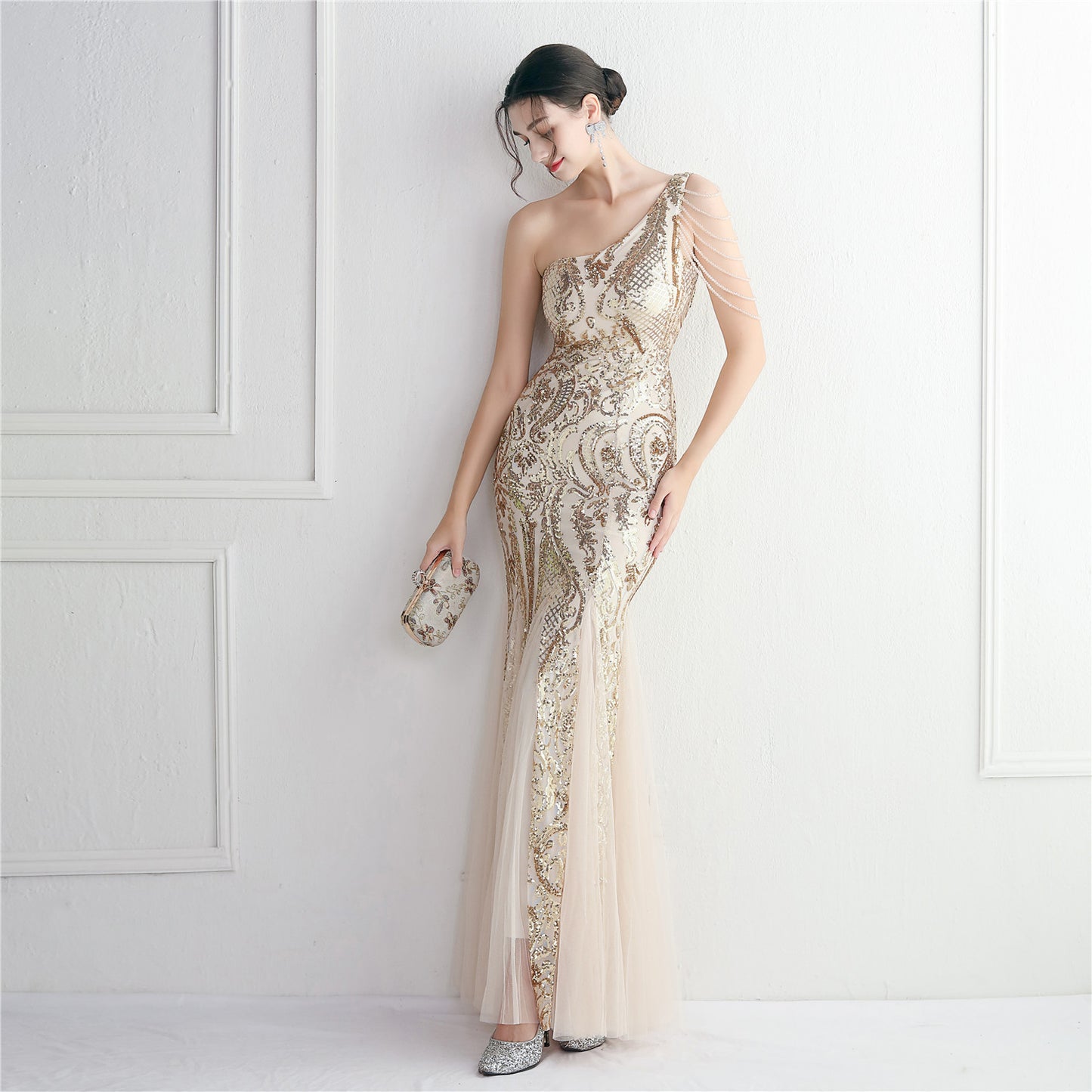 19620 #bead mesh yarn craft beads celebrity party evening dress sexy long and thin toast dress new
