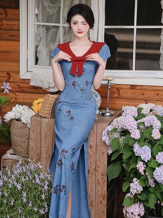 Huge beautiful skirt, new Chinese long dress,  blue floral age-reducing dress, summer women's 2025 new hip skirt